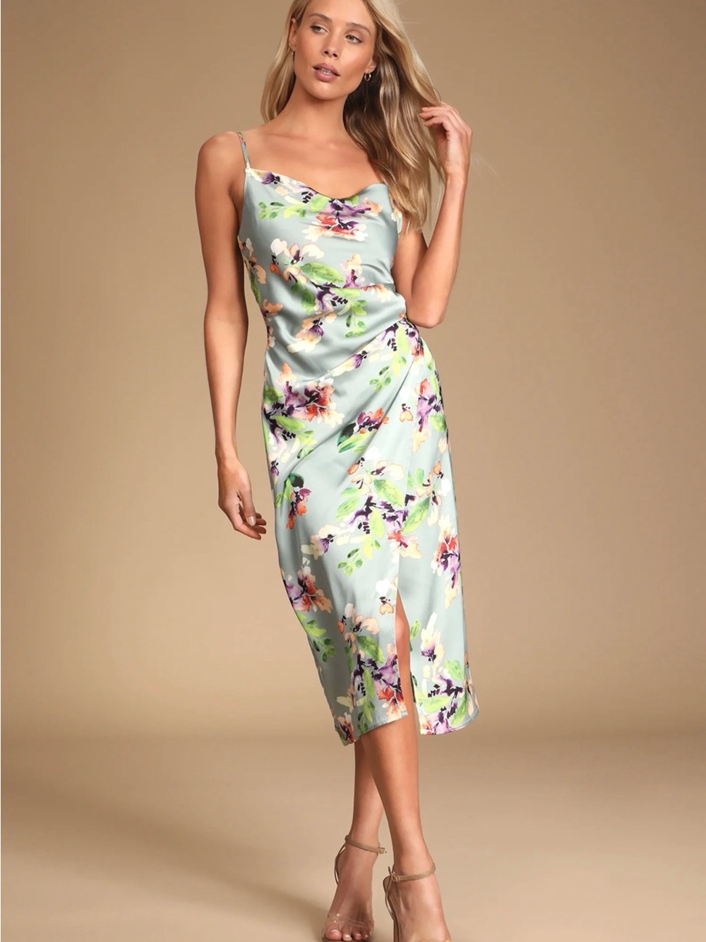 Lulus NWT Hollywood Woman Sage Green Floral Satin Cowl Midi Dress